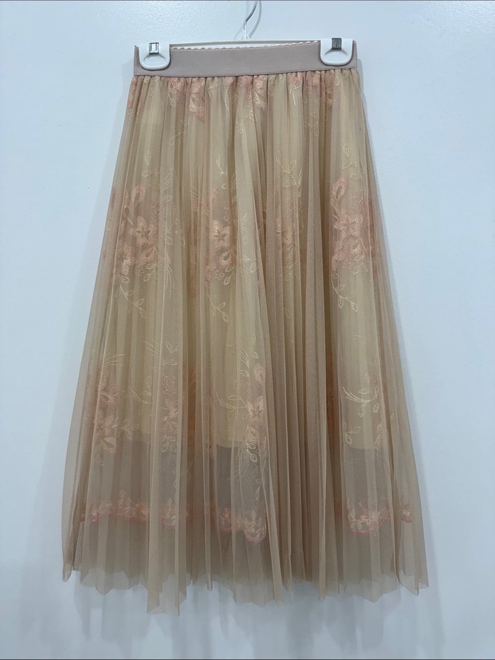 Floral Embroidered Sheer Tulle Midi Skirt One Size Beige Pink